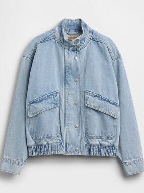GAP Oversized Denim Bomber Jacket Medium Wash Blue Large $128